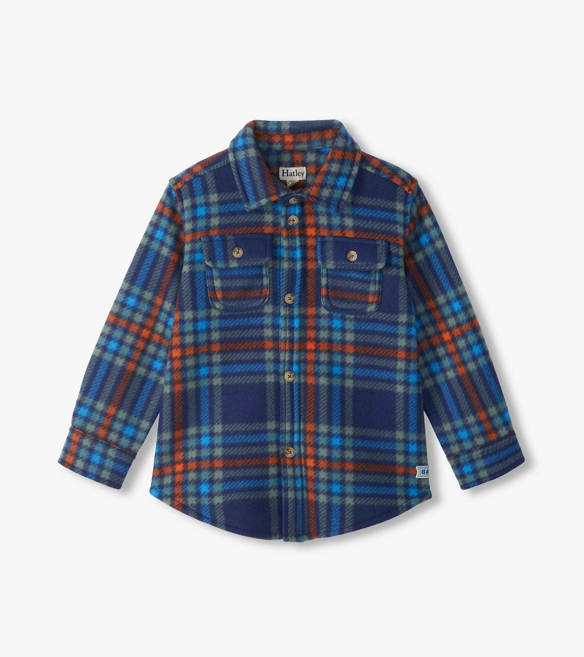 Kids plaid buttondown shirt in navy, blue, green, and orange with two chest flap pockets