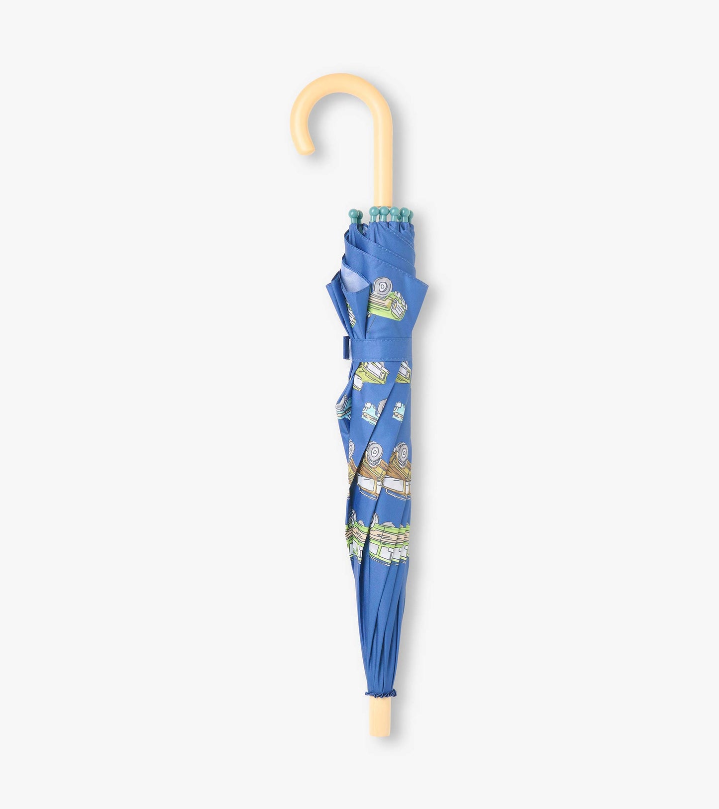 Closed blue umbrella with vintage truck print, beige curved handle, and teal safety tips