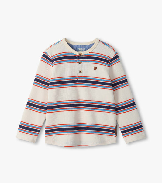 Kids long sleeve waffle henley in cream with blue, navy, and red horizontal stripes