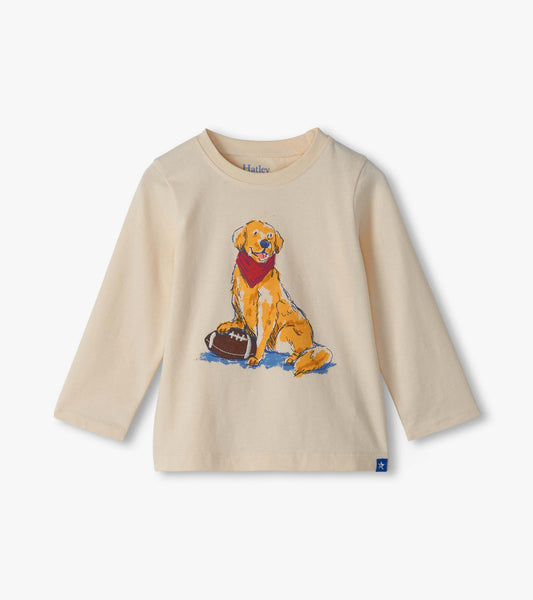 Infant cream long sleeve crew neck tee with a golden lab graphic and football on the front