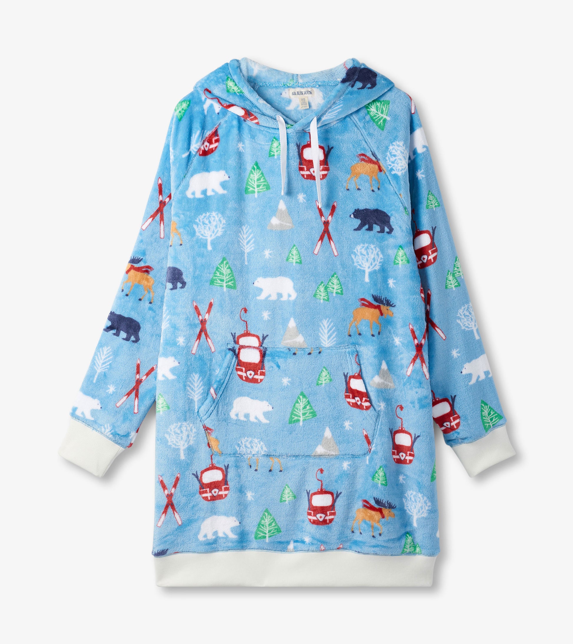 Light blue oversized fleece hoodie featuring a fun winter-themed pattern with animals, trees, and ski motifs.