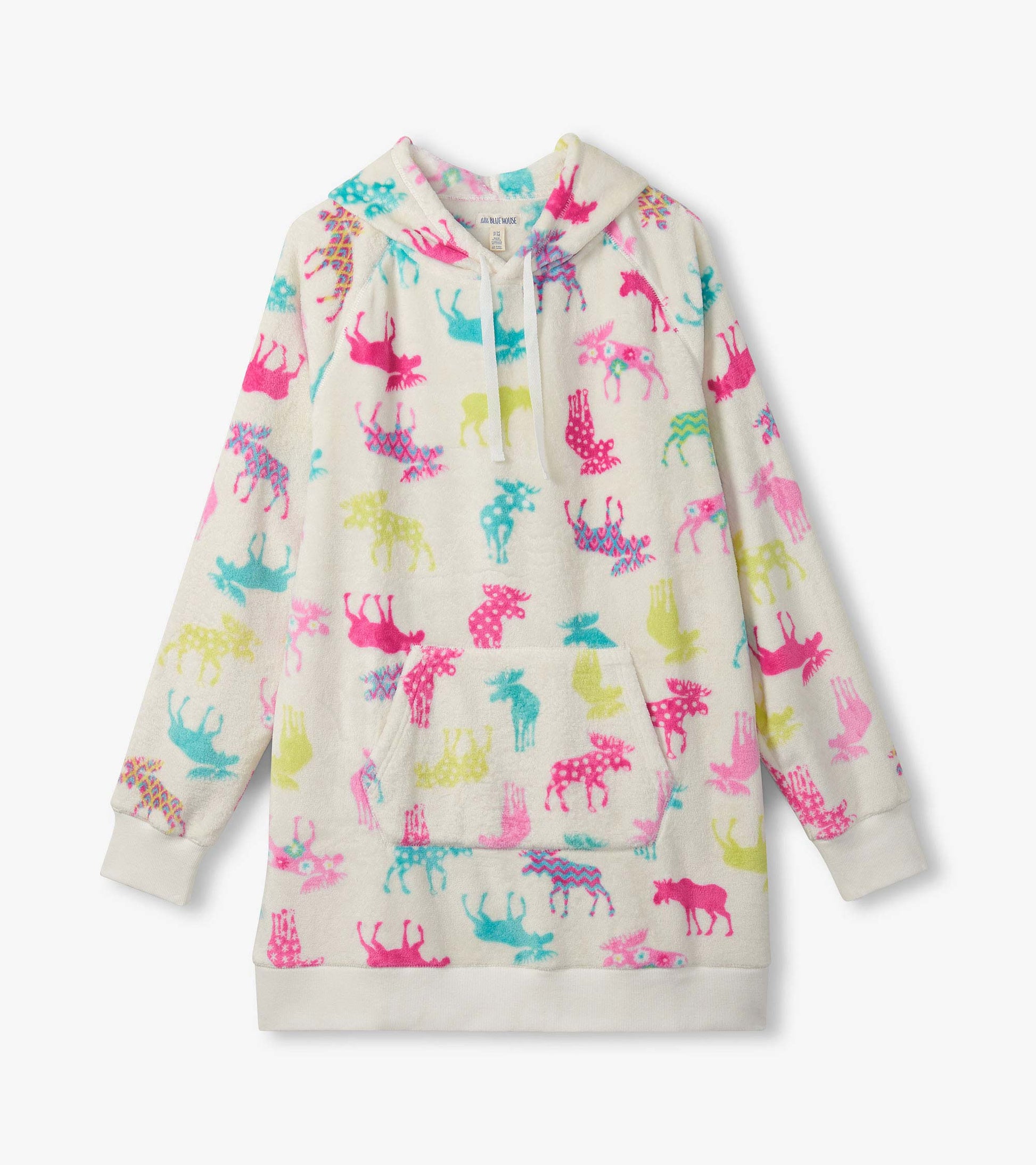 Cream oversized hoodie with colorful moose print, hood, drawstrings, kangaroo pocket, and long sleeves