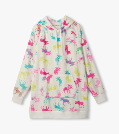 Cream oversized hoodie with colorful moose print, hood, drawstrings, kangaroo pocket, and long sleeves