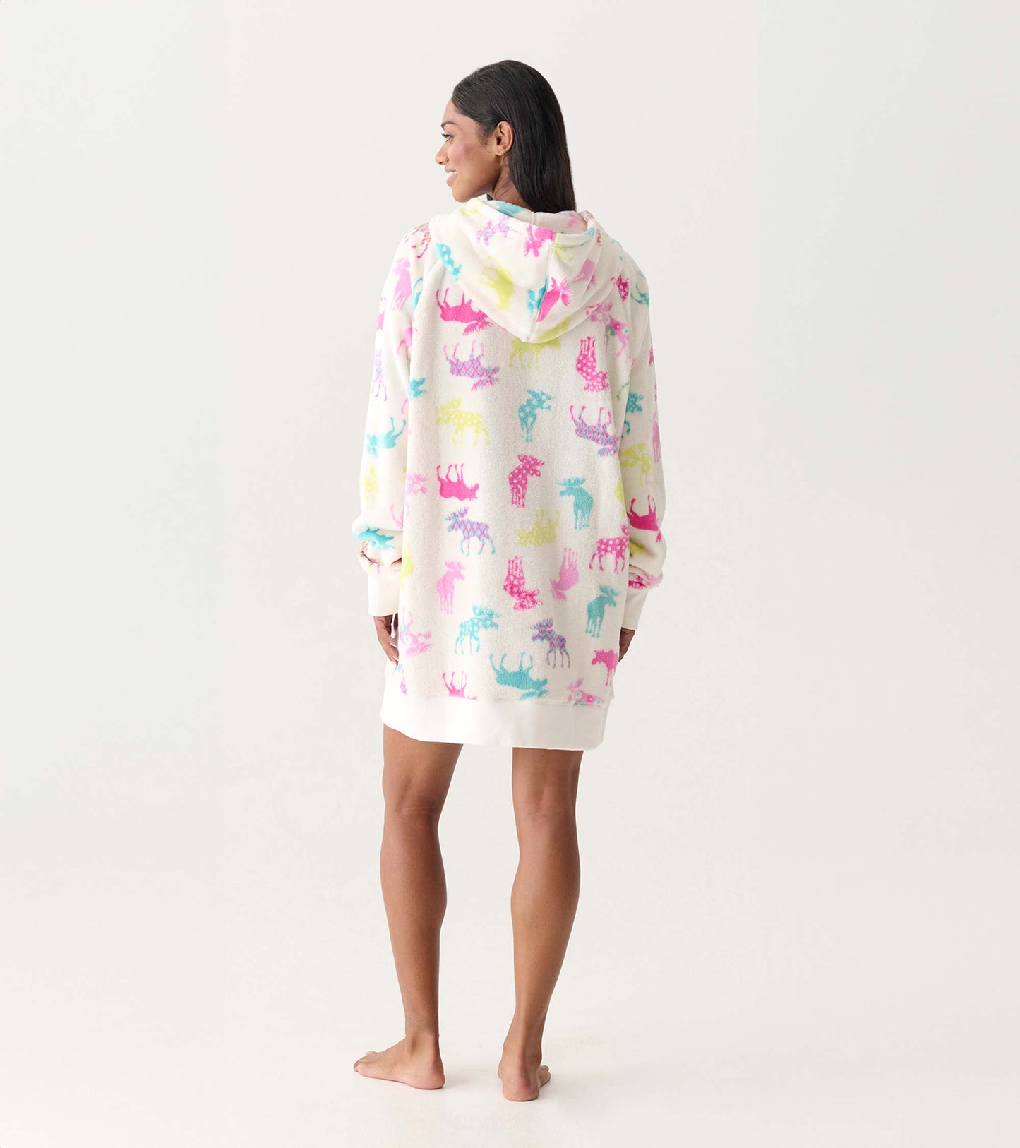 Back view of an oversized white hoodie with colorful moose print, hood, long sleeves, and ribbed hem