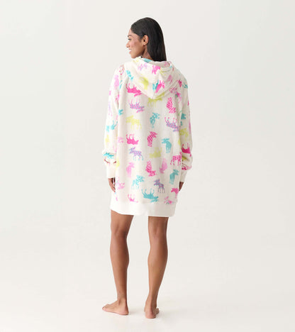 Back view of an oversized white hoodie with colorful moose print, hood, long sleeves, and ribbed hem