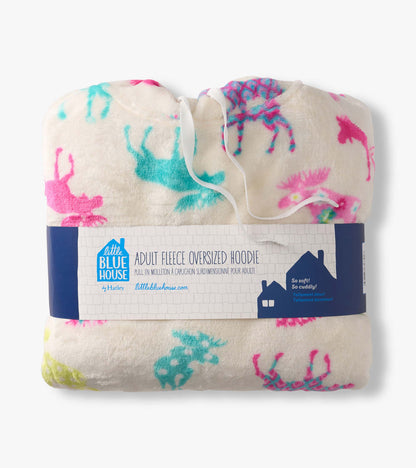 Folded cream fleece hoodie with colorful moose print and white drawstrings, wrapped in packaging