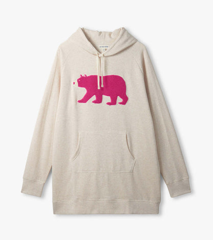 Cream oversized hoodie with drawstring hood, kangaroo pocket, and pink bear graphic on front