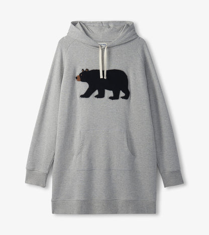 Gray oversized hoodie featuring a black bear graphic on the front and a kangaroo pocket.