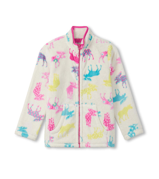 Girls Patterned Moose Fleece Zip Up Jacket