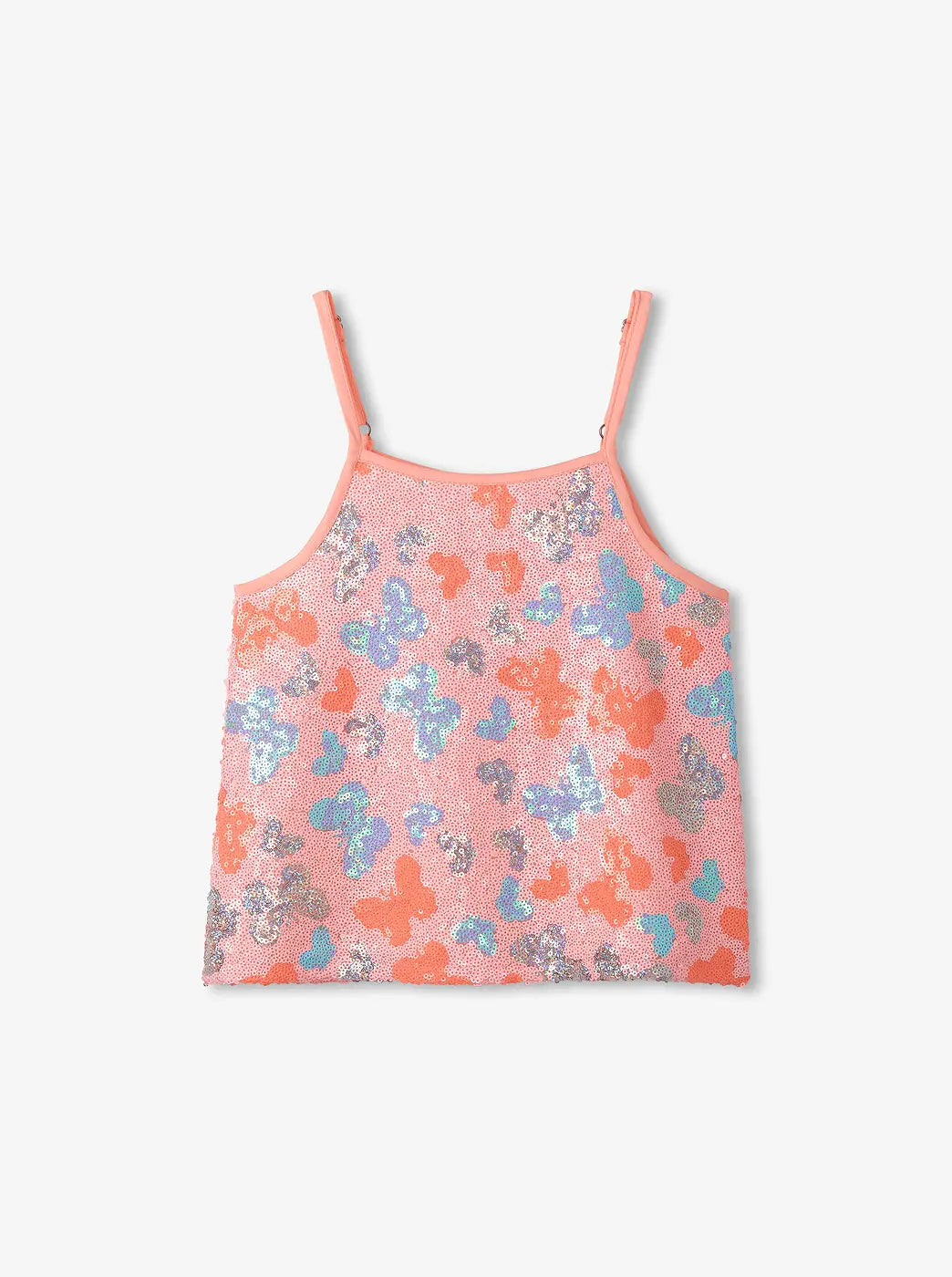Promotes the tops collection. Showing pink sequin camisole with multicolor butterfly pattern on a white background.