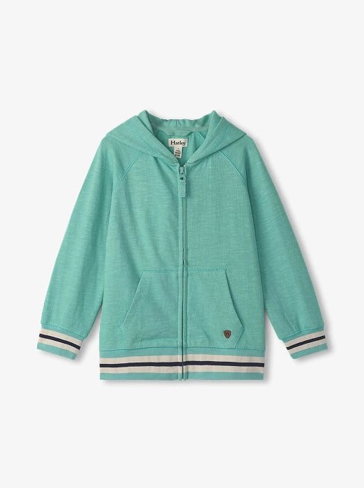 Promotes boys' sale collection. Showing mint green zip-up hoodie with striped trim on a white background.