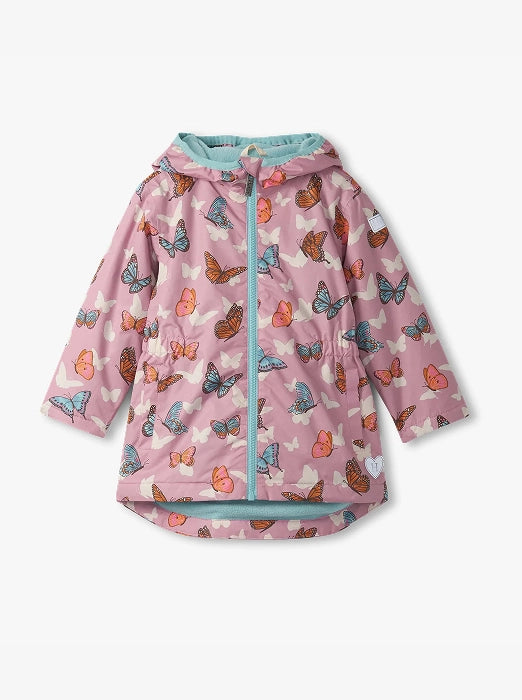 Promotes girls' rain sale outerwear. Showing pink hooded rain jacket with multicolor butterfly print.