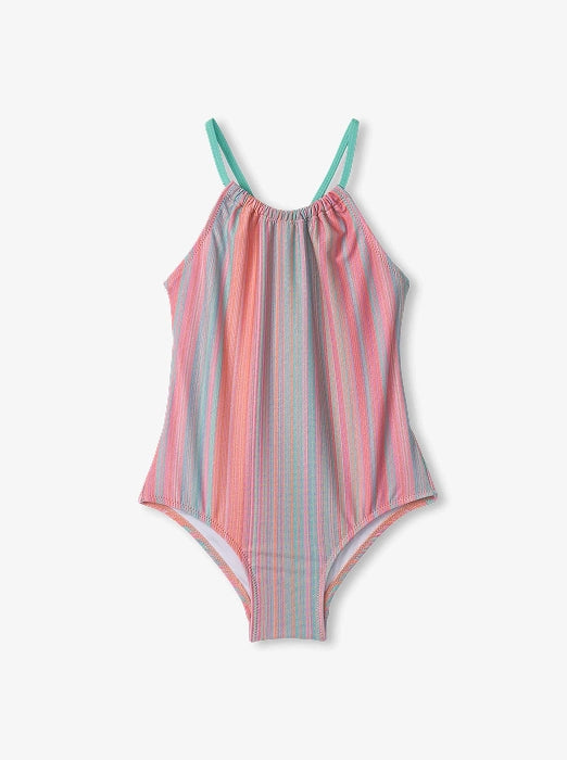 Promotes girls' swim sale collection. Showing pastel striped one-piece swimsuit with mint straps on a white background.