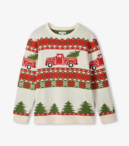 Adult Red Truck Hauling a Tree Holiday Sweater