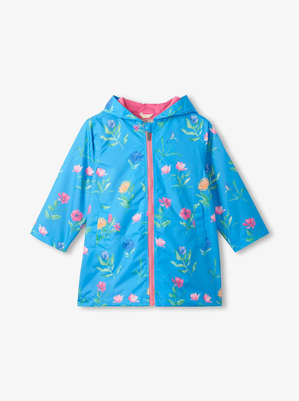 Shop kids' rain jackets. Showing blue hooded raincoat with pink zipper and floral print.