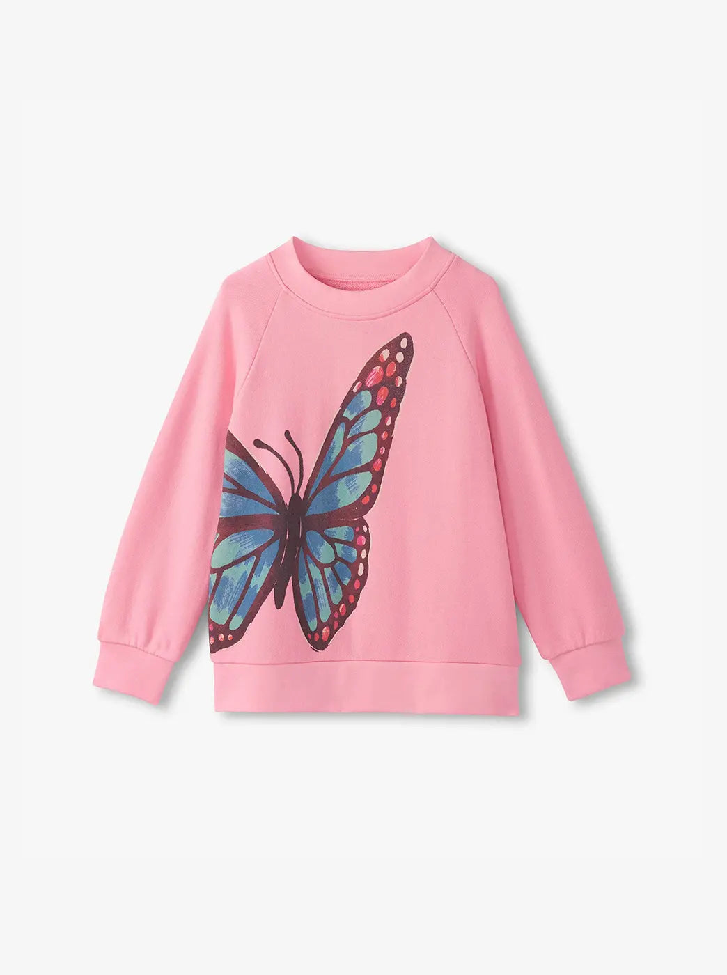 Promotes kids' sale apparel. Showing pink kids sweatshirt with a large blue butterfly graphic. With 