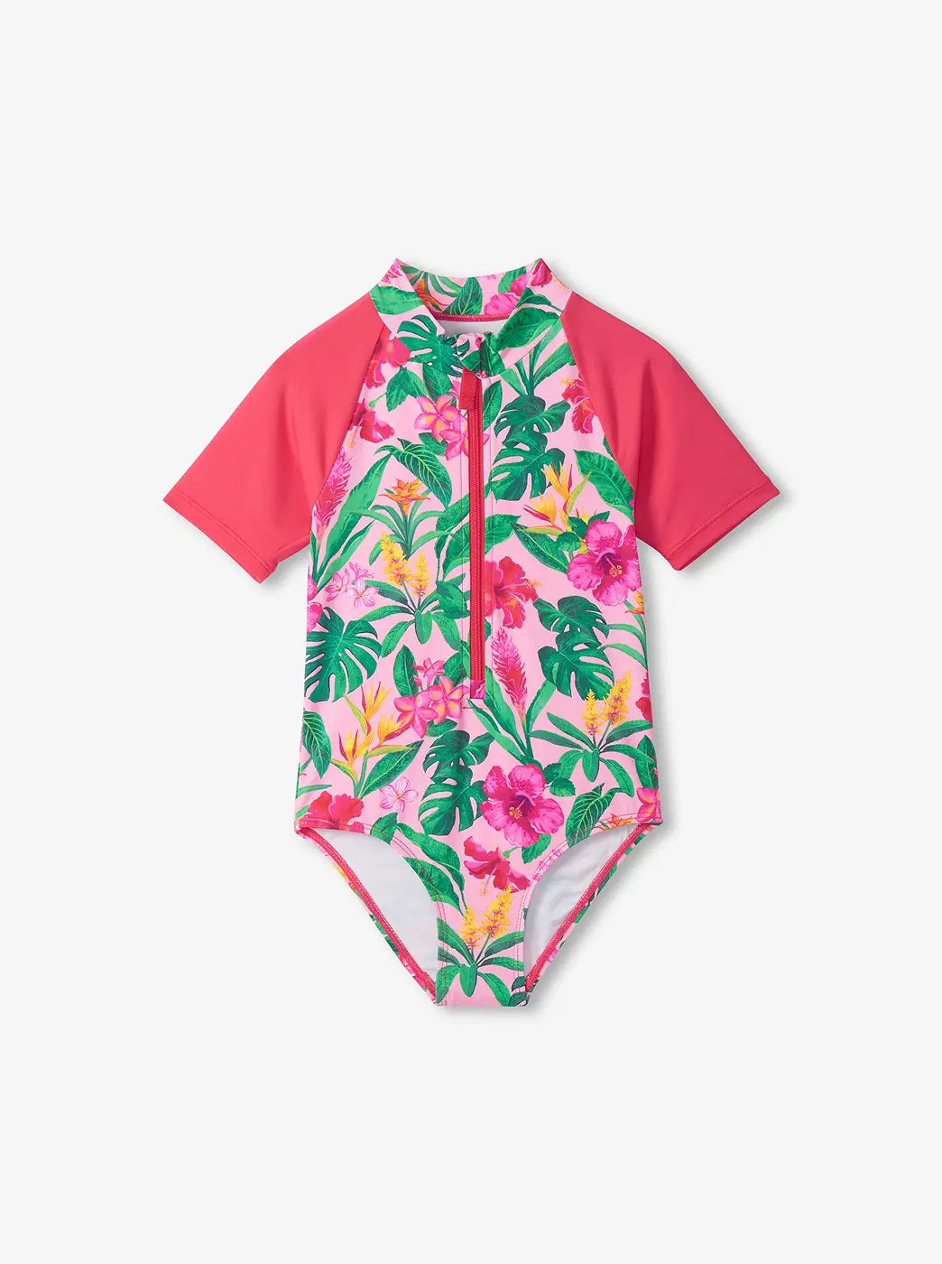 Shop kids' swimwear. Showing pink one-piece rash guard swimsuit with tropical floral print and short sleeves.