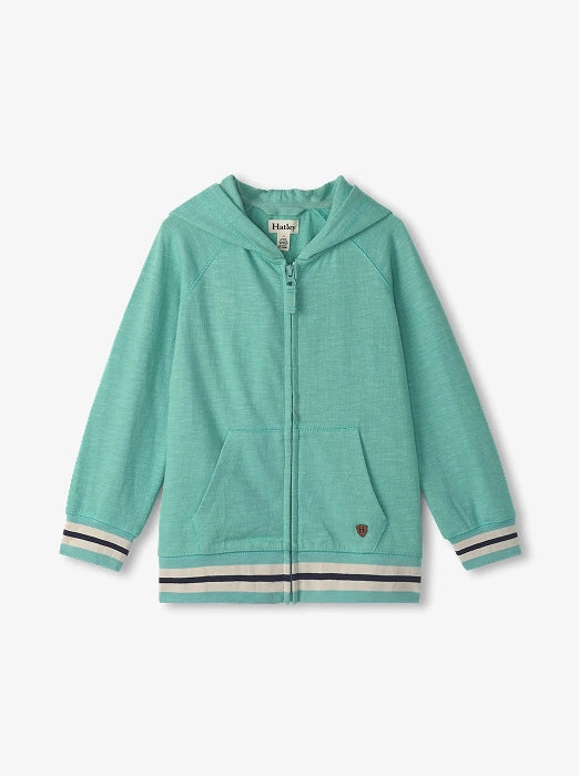 Promotes boys' sale collection. Showing mint green zip-up hoodie with striped cuffs and hem on a plain background.