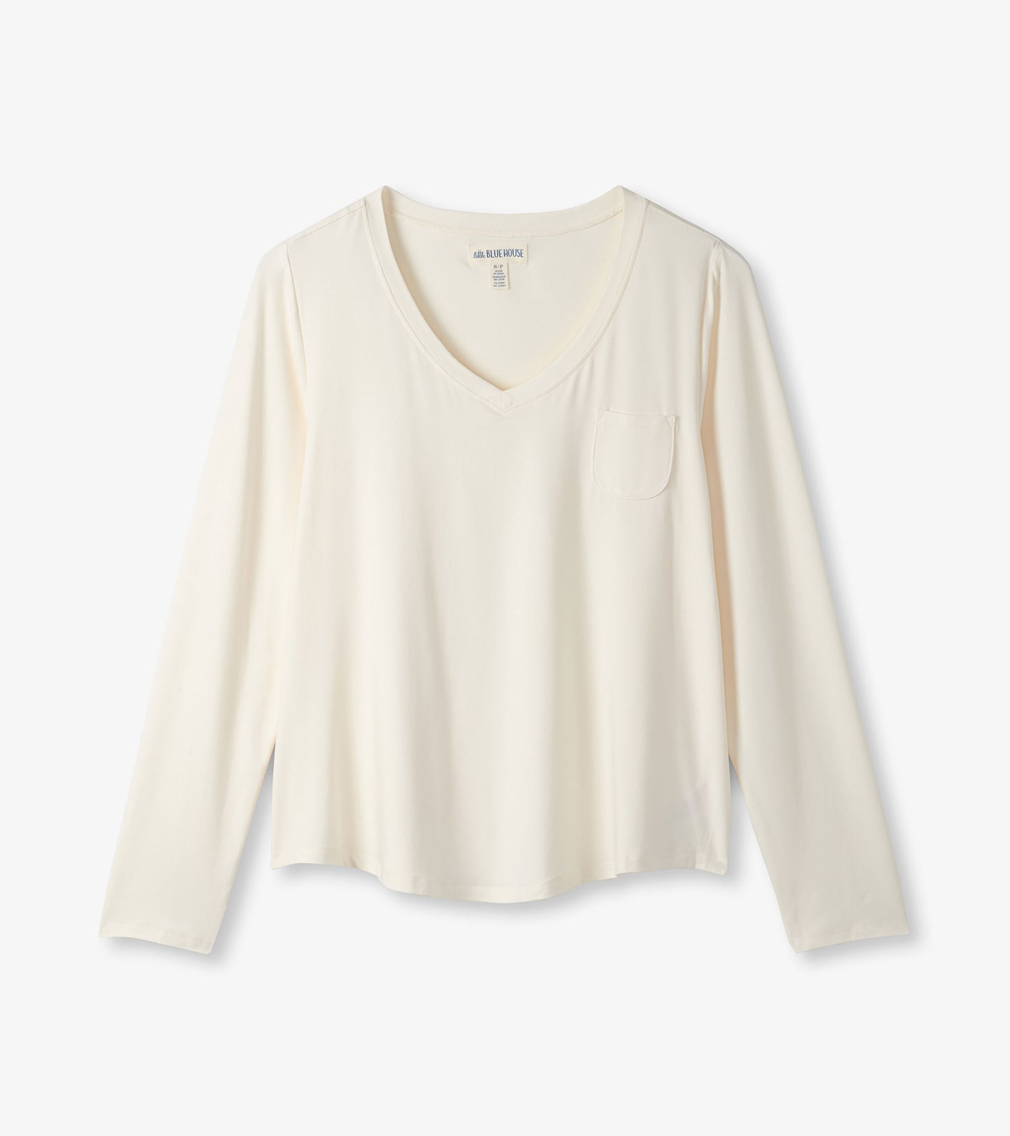 Cream long sleeve t-shirt with a v-neck and a small chest pocket, made from soft, lightweight fabric.
