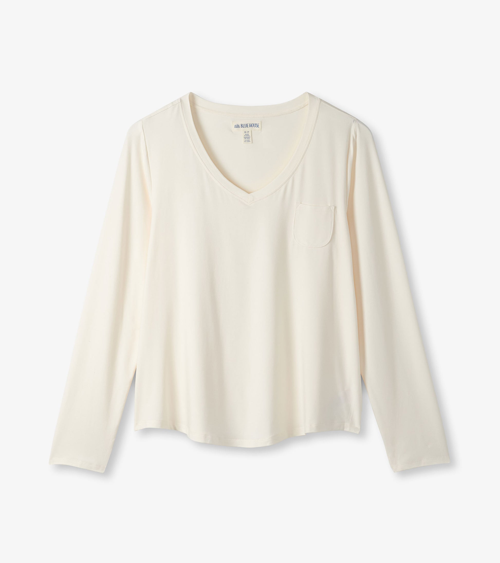Cream long sleeve t-shirt with a v-neck and a small chest pocket, made from soft, lightweight fabric.