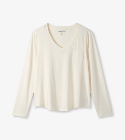 Cream long sleeve t-shirt with a v-neck and a small chest pocket, made from soft, lightweight fabric.