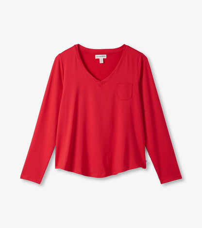 Red long sleeve t-shirt with a v-neck and a small pocket on the front, made from soft, lightweight fabric.