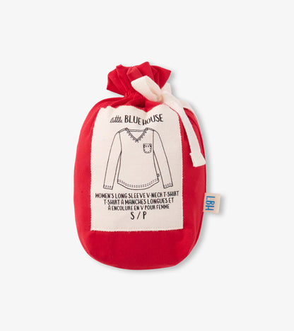 Red long sleeve t-shirt with a v-neck and pocket design, displayed in a drawstring pouch.