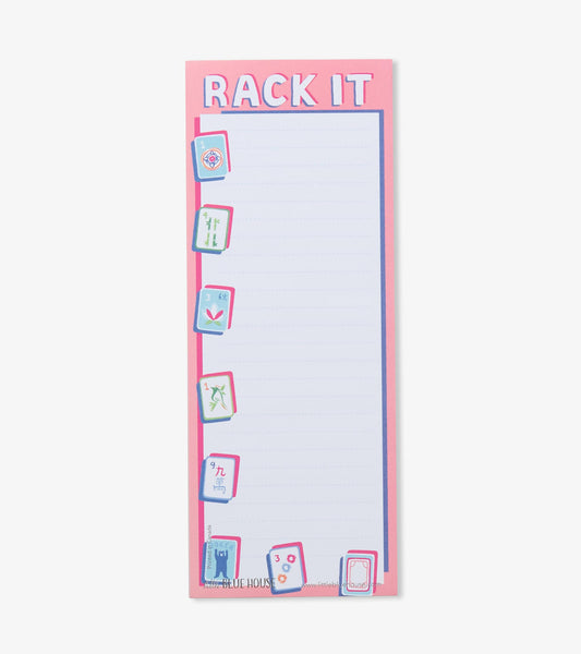 Pink magnetic notepad with 'RACK IT' title and mahjong tile illustrations along the border