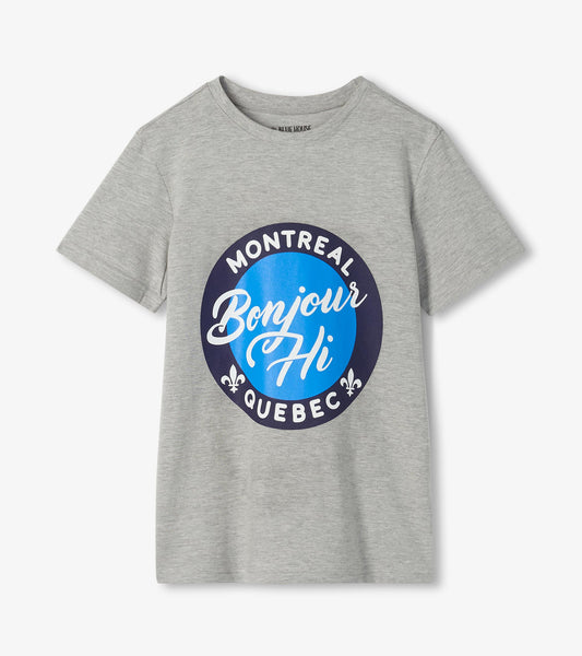 Heather gray short-sleeve T-shirt with blue Montreal Bonjour Hi Quebec graphic on the front