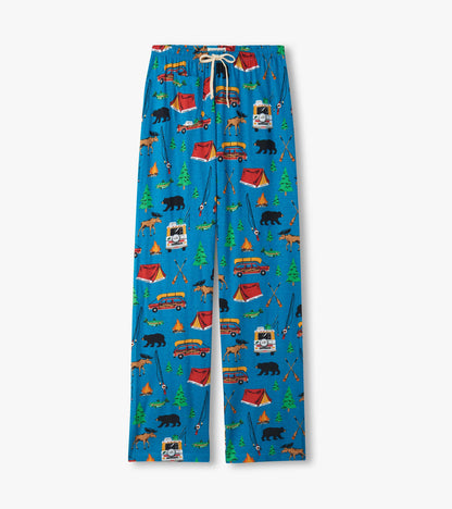 Blue cotton pajama pants with camping print, drawstring waist, and straight legs, front view.