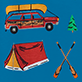 View Women's Retro Camping Cotton Pajama Pants - Illustrated red and blue van, orange tent, and crossed paddles with a pine tree