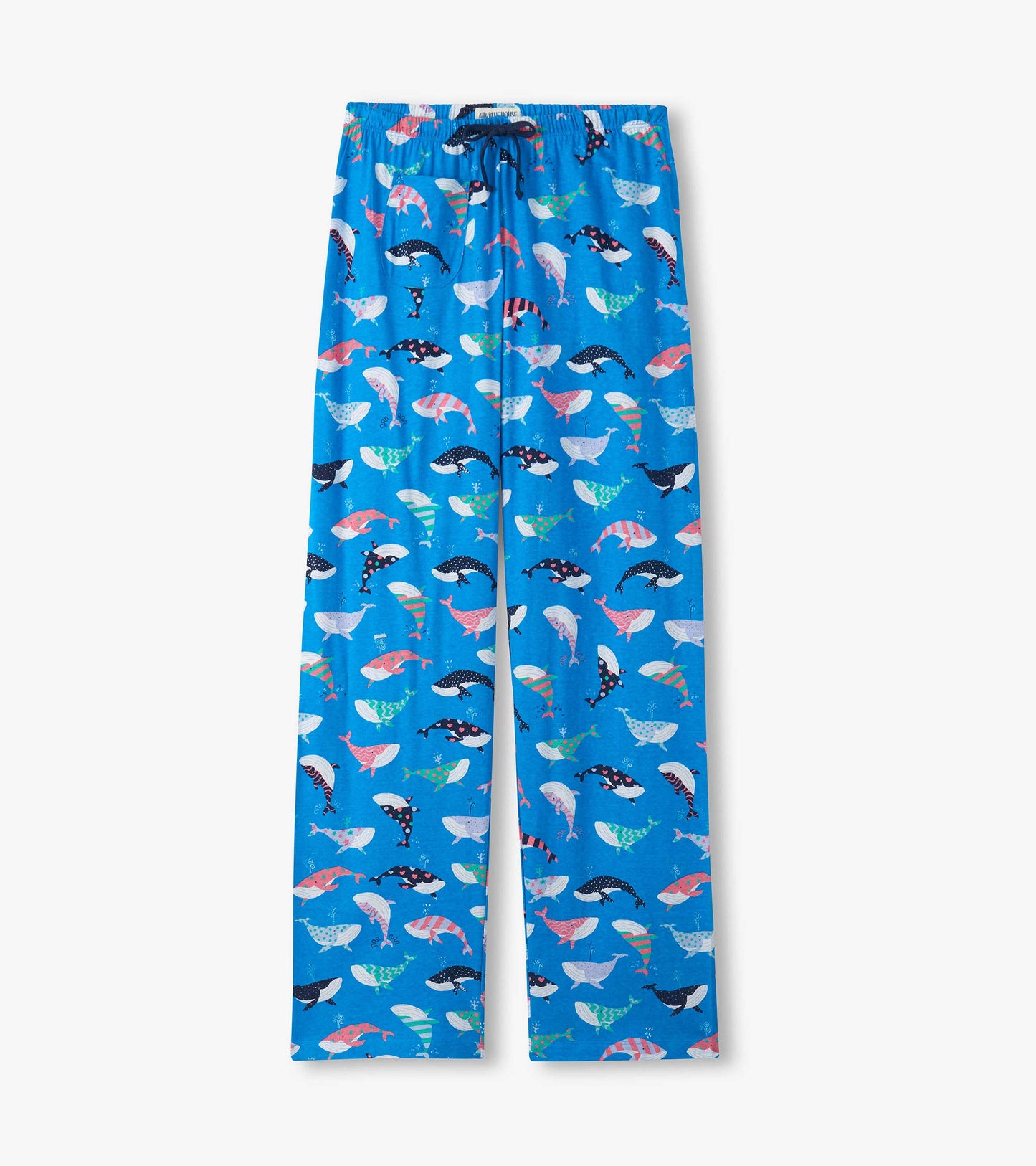 Blue cotton pajama pants with colorful whale print and drawstring waist, front view