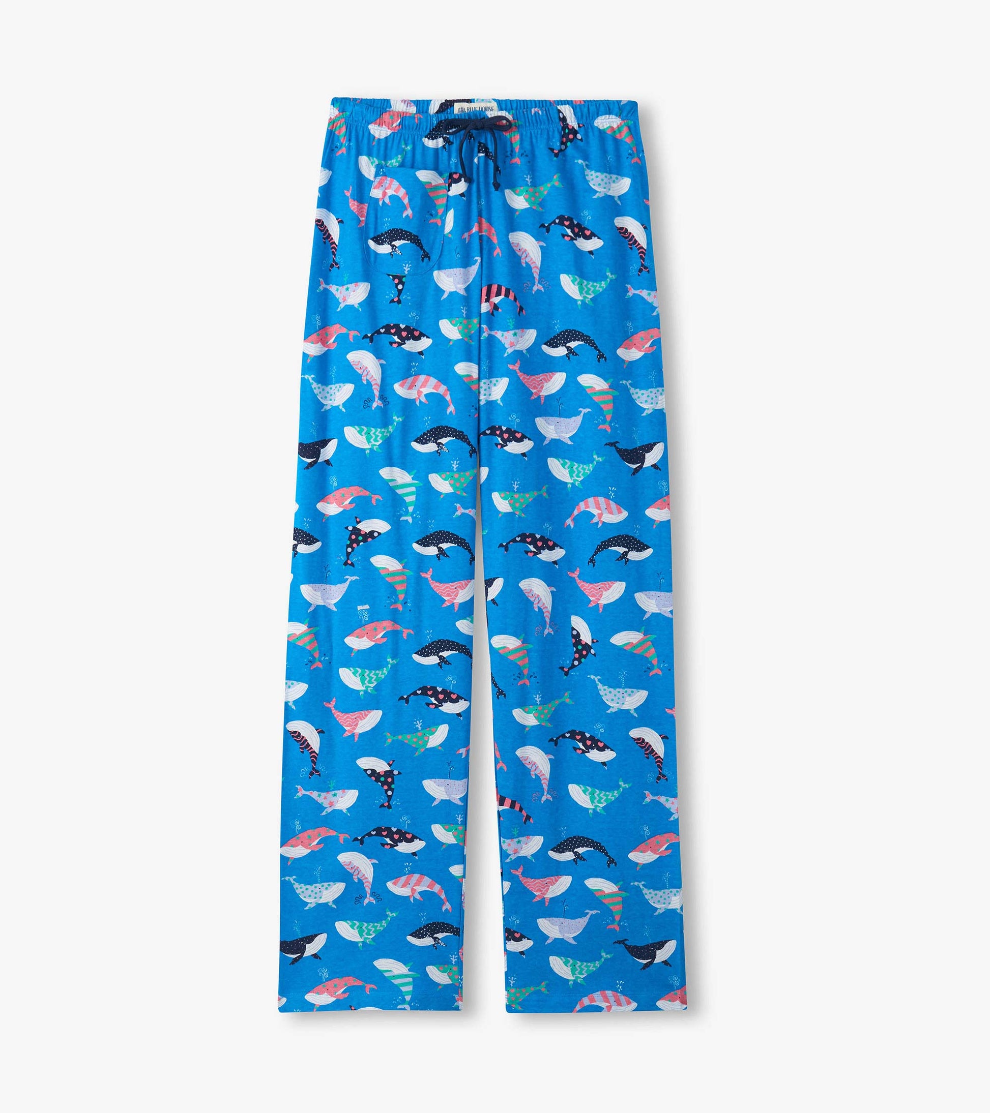 Blue cotton pajama pants with colorful whale print and drawstring waist, front view