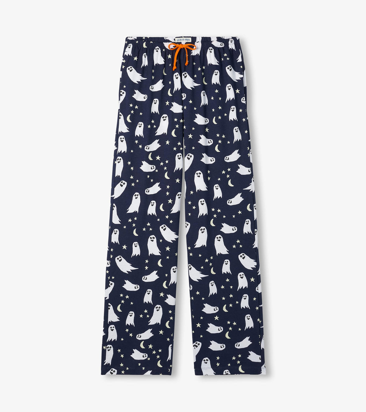 Flat front view of navy pajama pants with white ghosts, stars, crescent moons and orange drawstring