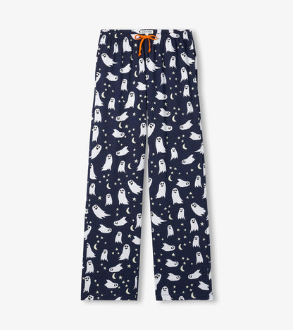 Flat front view of navy pajama pants with white ghosts, stars, crescent moons and orange drawstring