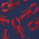 View Navy Lobster Women's Cotton Pajama Pants - Red lobster illustrations on a dark blue background