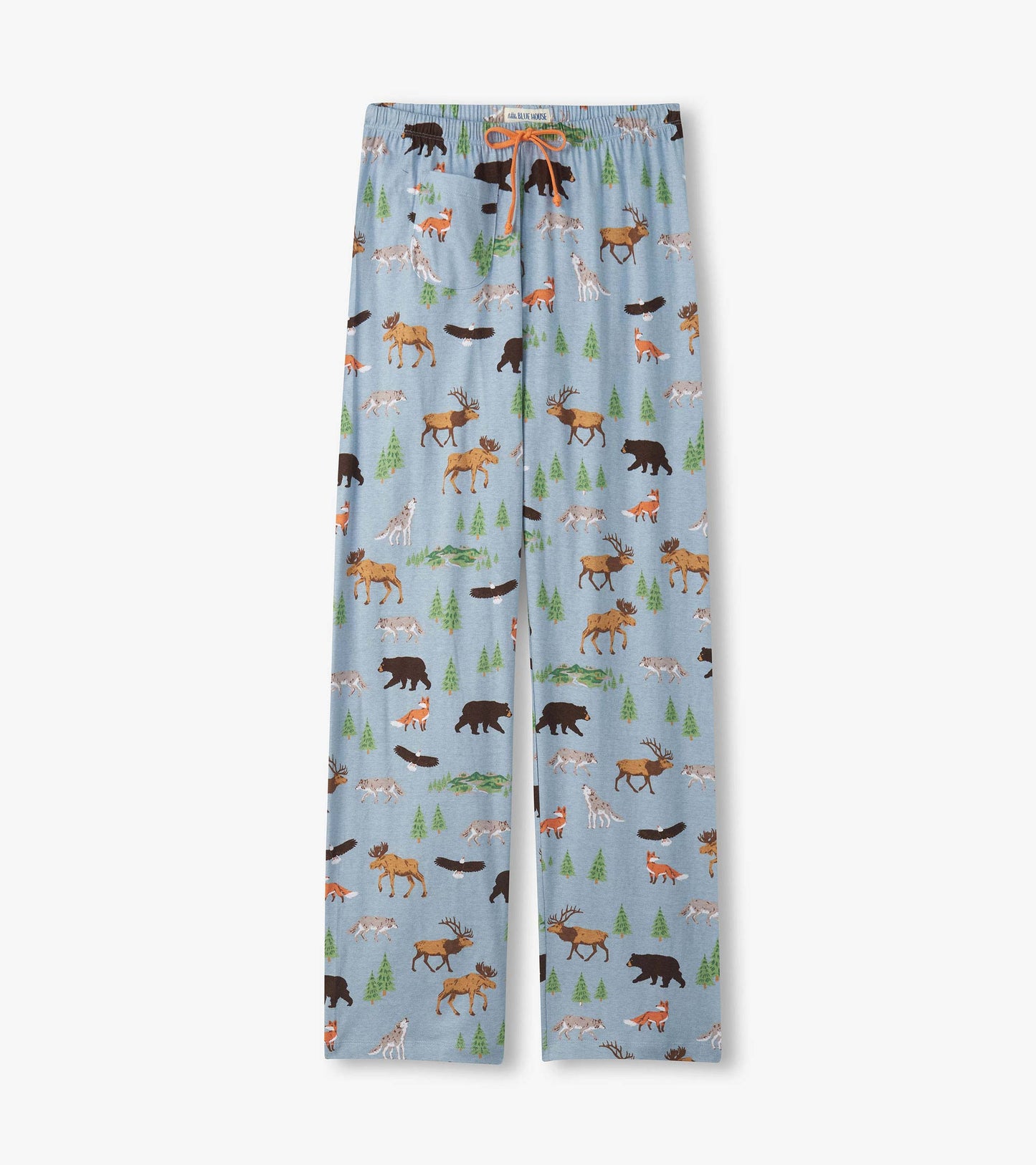 Light blue pajama pants with a wildlife print, orange drawstring, and straight-leg fit, front view