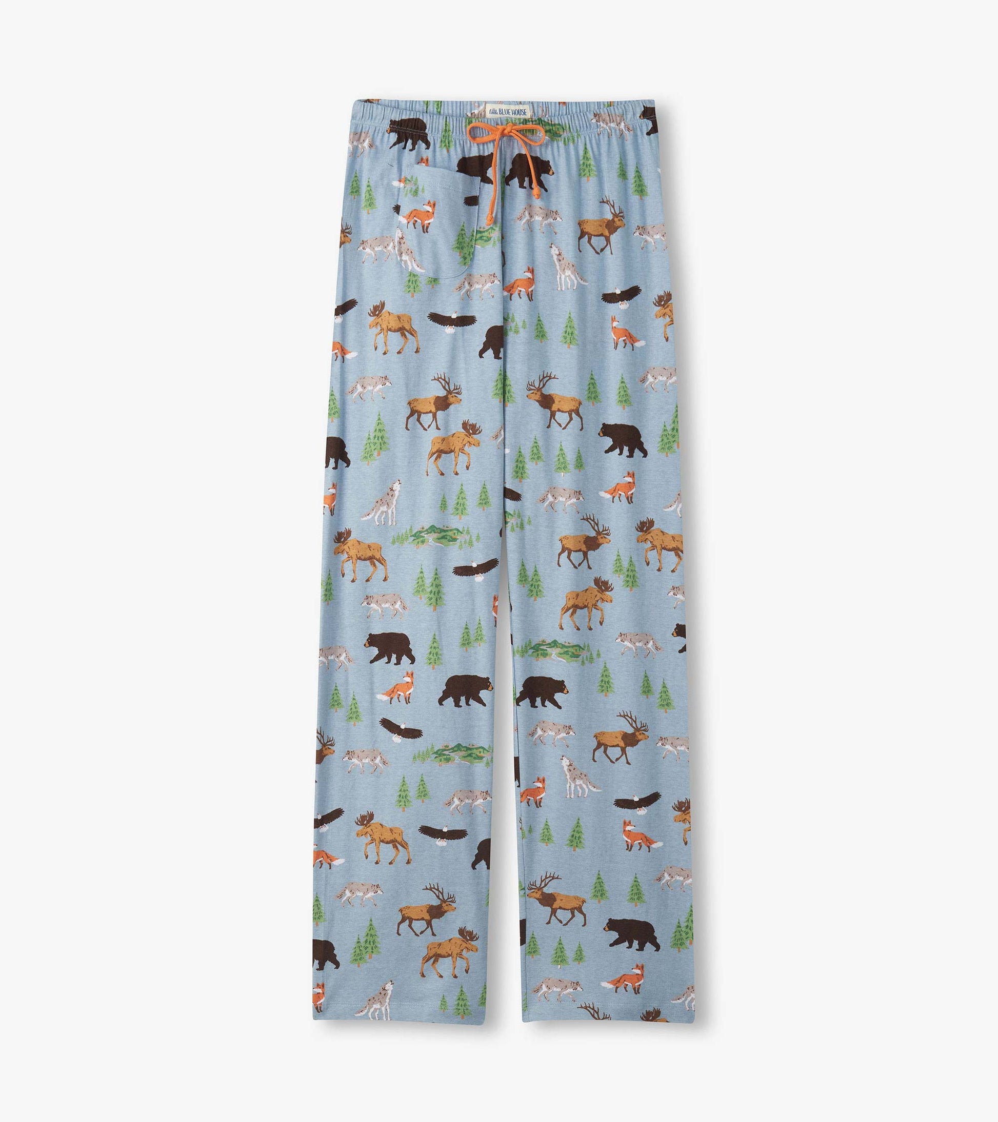 Light blue pajama pants with a wildlife print, orange drawstring, and straight-leg fit, front view