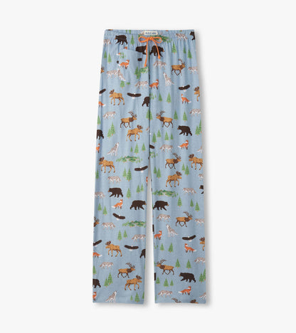Light blue pajama pants with a wildlife print, orange drawstring, and straight-leg fit, front view