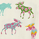 View Patterned Moose Women's Pajama Pants - Three colorful patterned animal illustrations on a light background