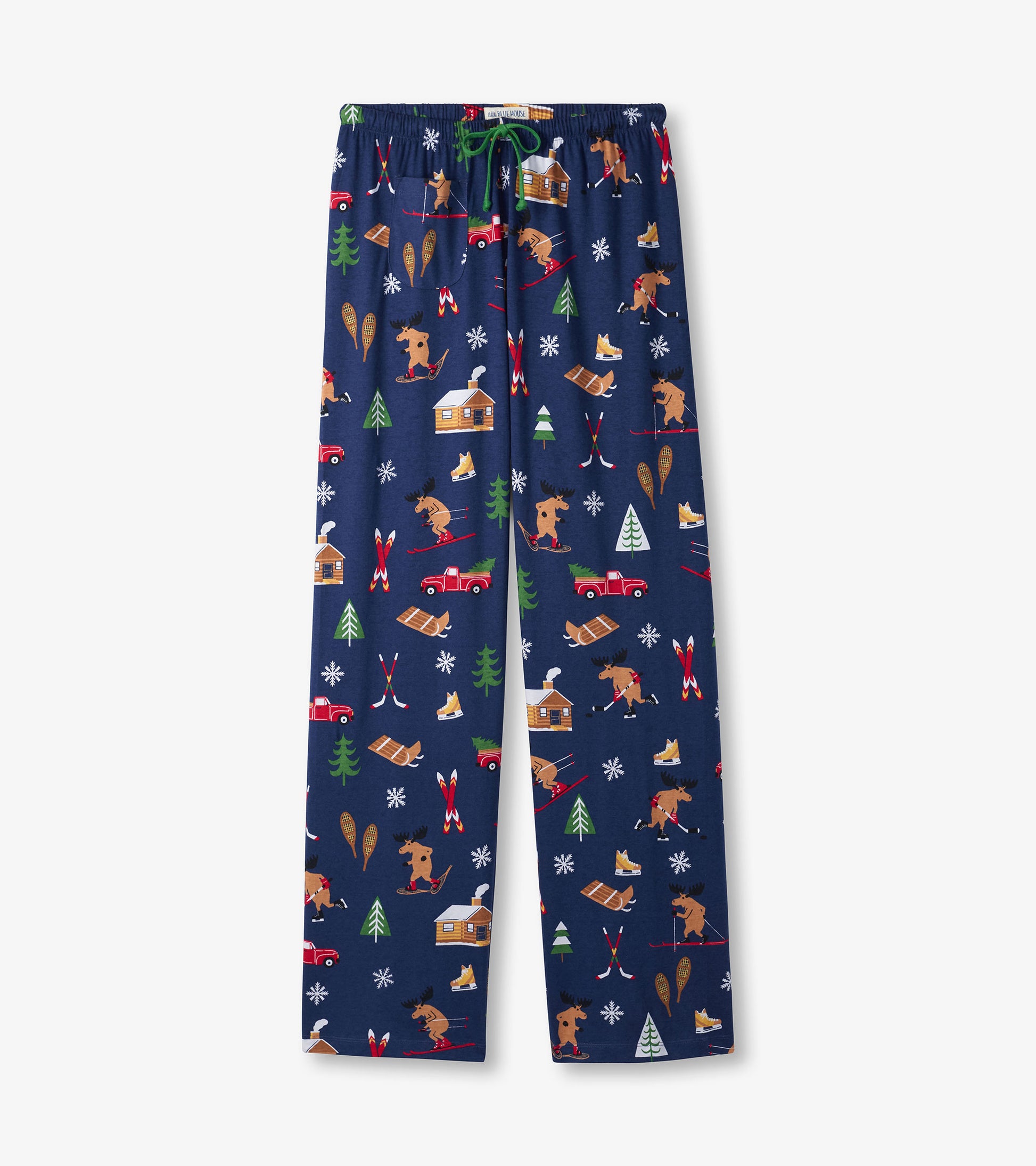 Navy cotton pajama pants featuring a winter cabin print with moose, trees, and snowflakes, designed for cozy lounging.