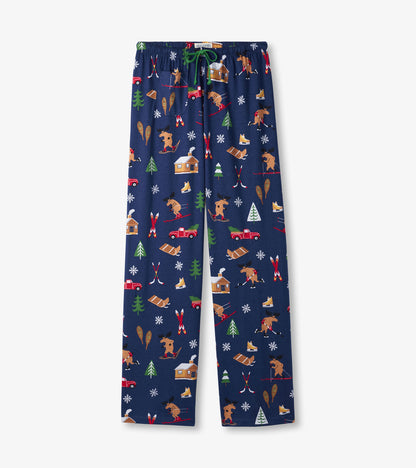 Navy cotton pajama pants featuring a winter cabin print with moose, trees, and snowflakes, designed for cozy lounging.