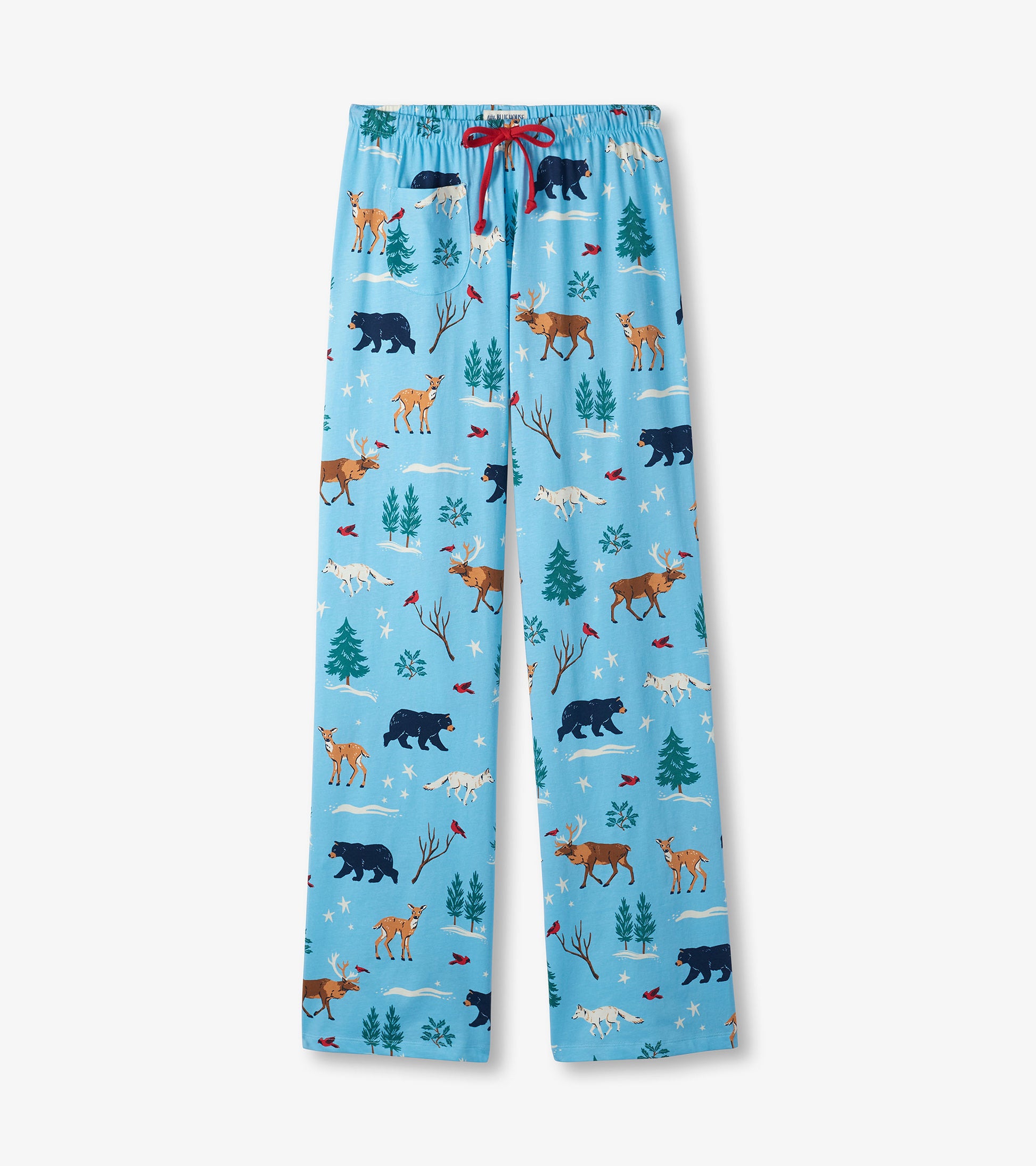 Light blue cotton pajama pants featuring a winter wildlife pattern with bears, deer, and trees, finished with a red drawstri…