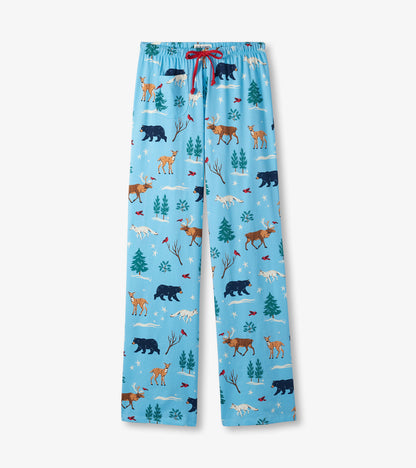 Light blue cotton pajama pants featuring a winter wildlife pattern with bears, deer, and trees, finished with a red drawstri…