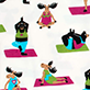 View Yoga Bear Knit Women's Cotton Pajama Pants - Cartoon children in colorful outfits practicing yoga poses on pink mats