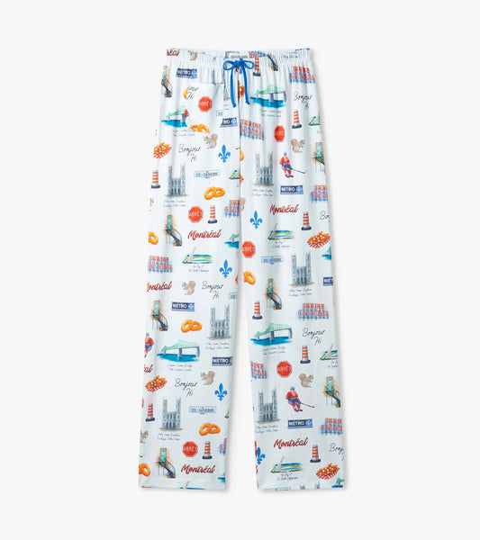 Women's white pajama pants with blue drawstring and Montreal print featuring landmarks, Metro signs, cones and hockey