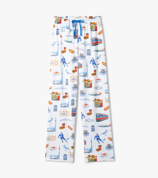 Women's white pajama pants with blue drawstring and Toronto-themed print including streetcar, CN Tower and signs