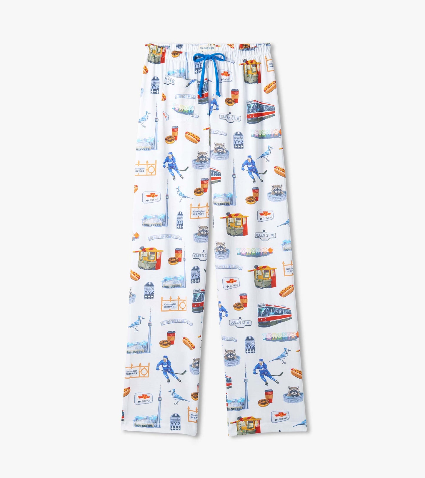 Women's Toronto pajama pants laid flat, white with blue drawstring and city-themed print