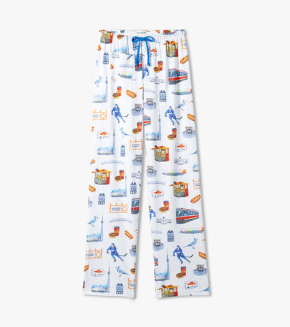 Women's Toronto pajama pants laid flat, white with blue drawstring and city-themed print