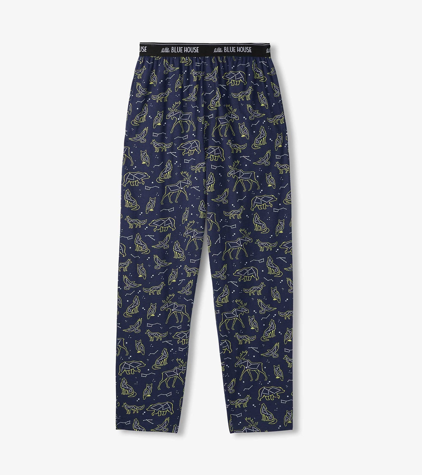 Navy pajama pants laid flat with animal constellation print and black logo waistband